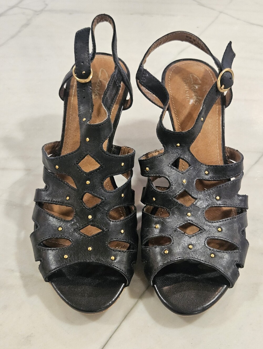 Clarks Artisan Fiddle String Black Leather Strappy Wedges Size 7